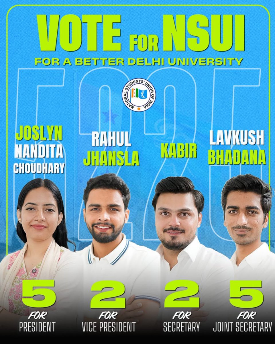 Dear Delhi University Students,
 
You must choose progress over regressive policies.

Let's stand with NSUI, the only student organisation fighting for your causes.

Vote for the NSUI panel 5️⃣2️⃣2️⃣5️⃣:

5️⃣ Joslyn Nandita Choudhary – President

2️⃣ Rahul Jhansla – Vice President

2️⃣