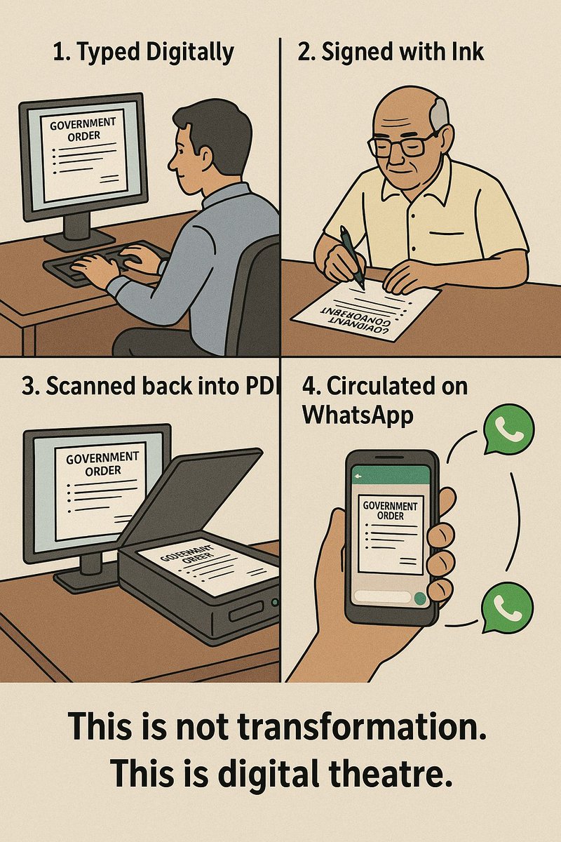 DrKushalPa1hak's tweet image. “Born digital. Printed. Signed. Scanned. Uploaded. Forwarded.
That’s not e-governance, it’s digital theatre.
Paper was our past. Digital is our destiny.”

#PaperlessIndia #DigitalTrust
@mygovindia