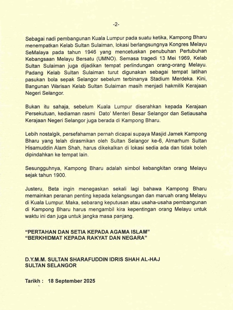 SelangorRoyal's tweet photo. 18 September 2025 ~
Kenyataan Akhbar D.Y.M.M. Sultan Selangor berhubung isu pembangunan tanah di Kampong Bharu. https://t.co/a6pCPeJpyo