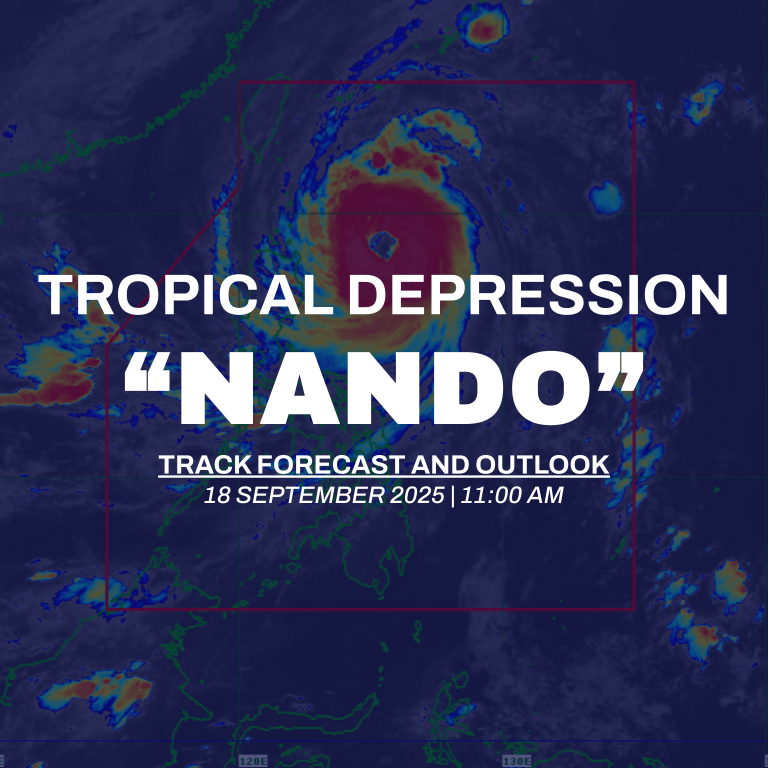 NDRRMC_OpCen's tweet photo. Tropical Depression "Nando"
Issued at 11:00 am, 18 September 2025

Valid for broadcast until the next advisory to be issued at 5:00 PM today

NANDO MAINTAINS ITS STRENGTH WHILE MOVING SLOWLY OVER THE PHILIPPINE SEA.

The center of Tropical Depression NANDO was estimated based on all available data at 1,335 km East of Southeastern Luzon.  It is moving Moving Northwestward slowly with maximum sustained winds of 55 km/h near the center, gustiness of up to 70 km/h, and central pressure of 1004 hPa.

Source: DOST-PAGASA

#NandoPH
#NDRRMC
#BawatSegundoMahalaga
