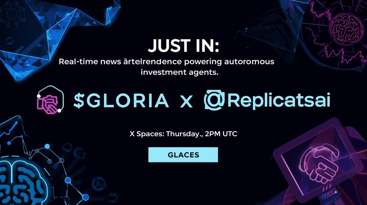 0xSilentOne's tweet photo. 🚨 $GLORIA 🤝 @Replicatsai

Gloria AI is now powering real-time news intelligence for autonomous investment agents making smarter &amp; faster decisions possible.

Big shoutout to @gutomartino and team!
🎙️ Tune in: X Spaces Thursday, 2PM UTC.

#AI #Crypto #GloriaAI #Replicat https://t.co/RL08Z3cwmb