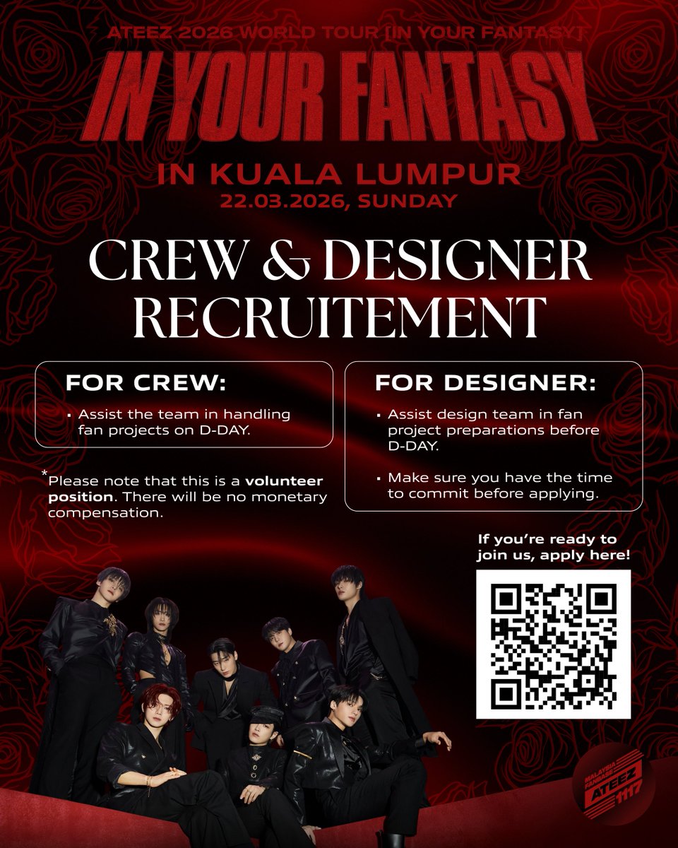 ATEEZ1117_MY's tweet photo. [CREW & DESIGNER RECRUITMENT]

Be part of the magic! 
We’re looking for passionate ATINY to join our crew for In Your Fantasy in Kuala Lumpur. 
Let’s create an enchanting night together. 

Apply now and help us bring this dream to life!
🔗https://t.co/j5U77aep96

#InYourFantasyinKL #ATEEZinKL