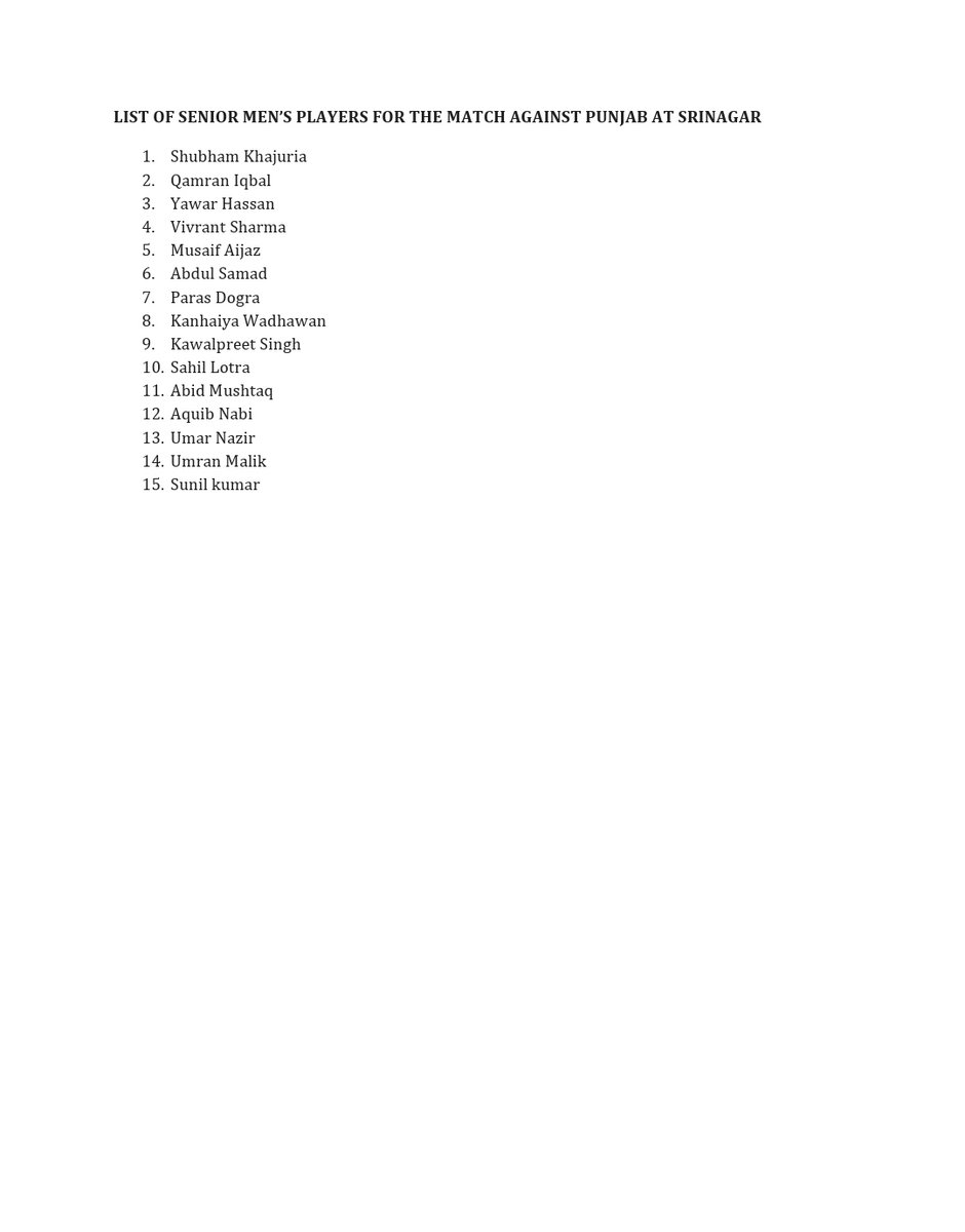 KashmirCoach's tweet photo. #jkca Selected players for #Ranjitrophy practice match from 19 Sep 25 and 28 Sep 25 against Punjab at Sher-i-Kashmir Stadium Srinagar and Chandigarh https://t.co/WCowFXG3qP