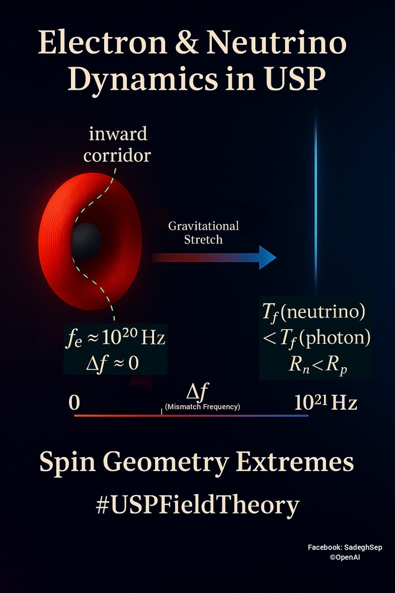 Sadeghsepehri's tweet image. Electrons vibrate as compact spin loops at ~10²⁰ Hz — but when Δf mismatch exceeds the limit, they collapse into neutrino threads.
USP Field Theory frames this as resonance geometry,not mystery. zenodo.org/records/171491…

#USPFieldTheory #SpinGeometry #ΔfMechanism #NeutrinoPhysics