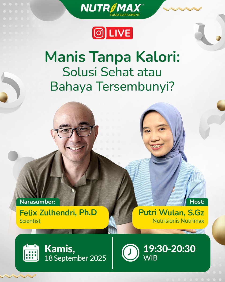 Stevia populer sebagai pemanis alternatif yang lebih sehat untuk dikonsumsi. Apakah konsumsi pemanis nol kalori benar-benar aman bagi tubuh❓
Join dalam IG Live:
📅 Kamis, 18 September 2025
🕢 19.30 – 20.30 WIB

instagram.com/nutrimax_indon…