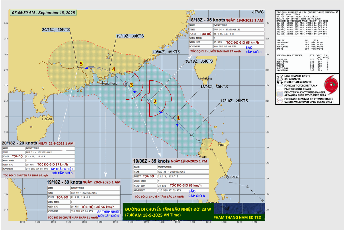 Tropical storm "23W" updates. Storm eye will hit the coast located in the North of SHENZHENG at about 10-11 p.m. on Sept.19, 2025 with wind speed considerably reduced fr. 56 to 65 km/h