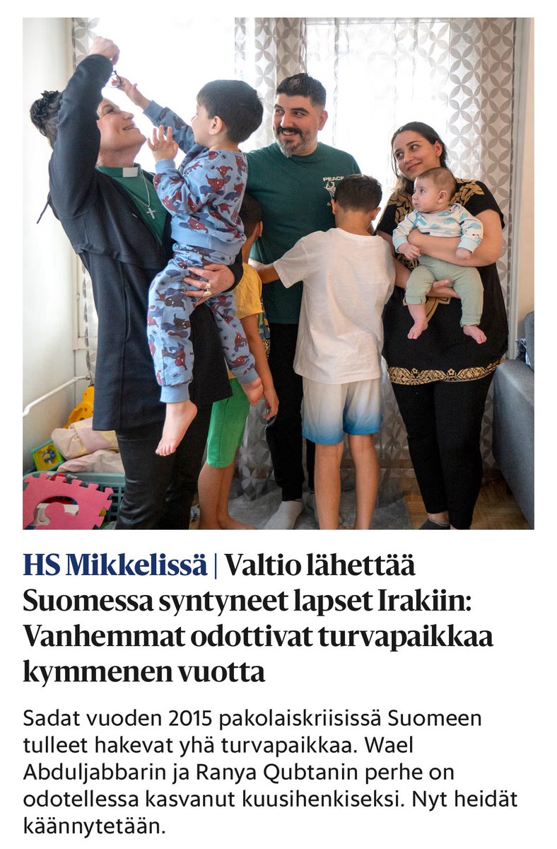 OttoMeri's tweet image. Tämän ei pitäisi olla mahdollista. Irakilainen perhe sai ensimmäisen kielteisen turvapaikkapäätöksen jo vuonna 2016. Sen jälkeen he ovat tehneet neljä uusintahakemusta. Ja oleskelevat edelleen Suomessa. Ei järjestelmä voi toimia näin!

Onneksi perhe käännytetään pian Irakiin.