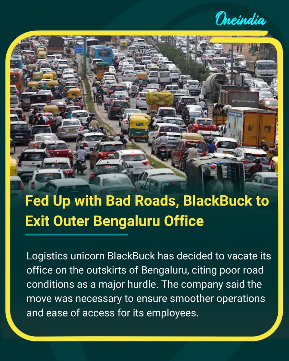 Oneindia's tweet image. Logistics unicorn BlackBuck has decided to vacate its office on the outskirts of Bengaluru, citing poor road conditions as a major hurdle. The company said the move was necessary to ensure smoother operations and ease of access for its employees.

#BlackBuck #BengaluruTraffic