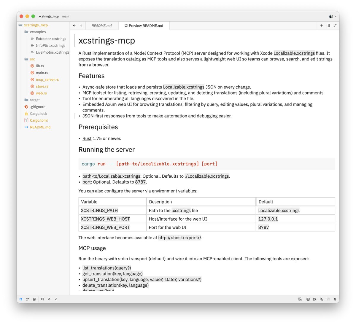 lexrus's tweet image. 从此养成了每天睡前命令 Codex 通宵加班的习惯…
昨晚让它帮我用 Rust 基于 rmcp 做一个 xstrings 的 MCP。这是一觉醒来的成果,自带一个 local web server 用来 CRUD。网页有点粗糙,但基本功能都能用。MCP 待实际项目测试