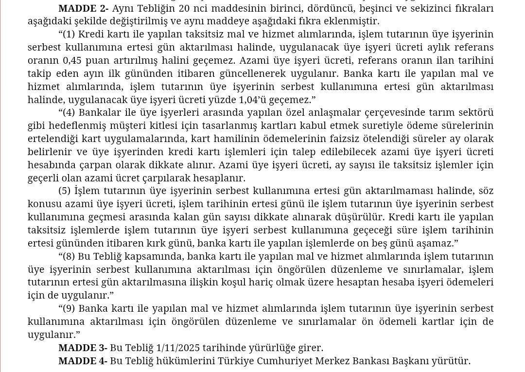 📍 Banka kartıyla (debit) yapılan alışverişler kredi kartlarından ayrıştırıldı; üye işyerlerine maliyetleri düşürüldü. Hesaba ertesi gün tahsil komisyonu %1,04 ile sınırlandırıldı, en geç hesaba geçiş süresi de 15 gün yapıldı (kk: 40 gün).Ön ödemeli kartlar da aynı kapsama alındı