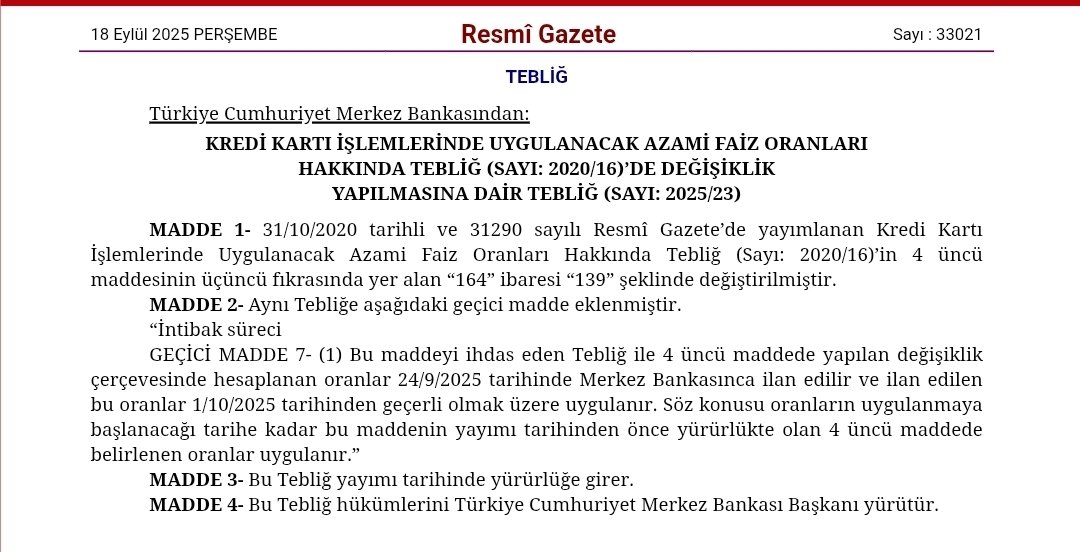 📌 Kredi kartı nakit çekim ve KMH faizleri hesaplama marjları 25 baz puan düşürüldü. Böylece akdi faizleri 4,75'ten 4,50'ye, gecikme faizleri de 5,05'ten 4,80'e düşecek. 1 Ekimde devreye girecek.