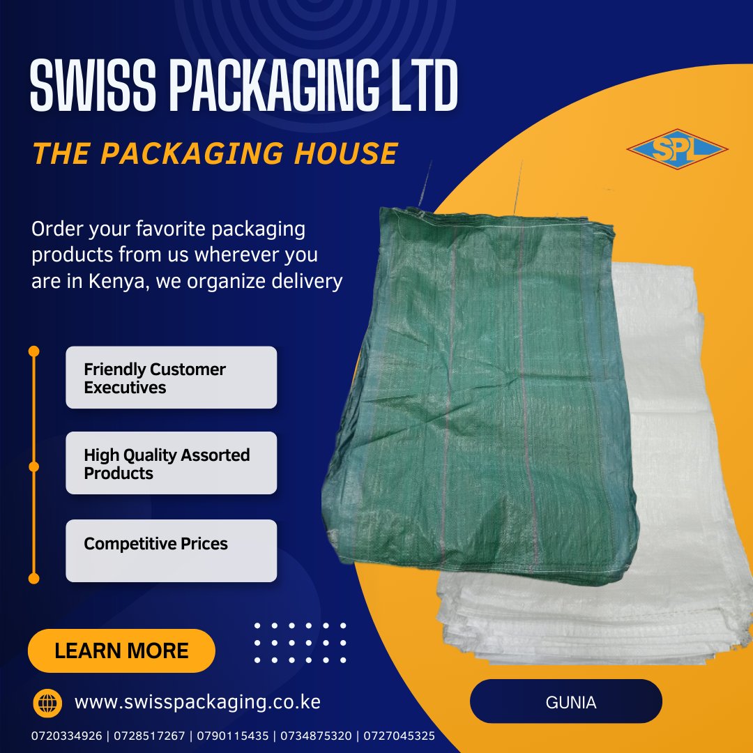 gentumedia's tweet photo. Looking for durable &amp; affordable sacks (gunia) for your business?
@swispackaging  got you covered at Swiss Packaging Ltd ✅
📦 Sizes: 5kg | 10kg | 25kg | 50kg | 90kg
🚚 Delivery across Kenya

👉 Order Now: https://t.co/bRygUuzfs8
#Packaging #Gunia #KenyaBusiness https://t.co/TTqk9vxTcg
