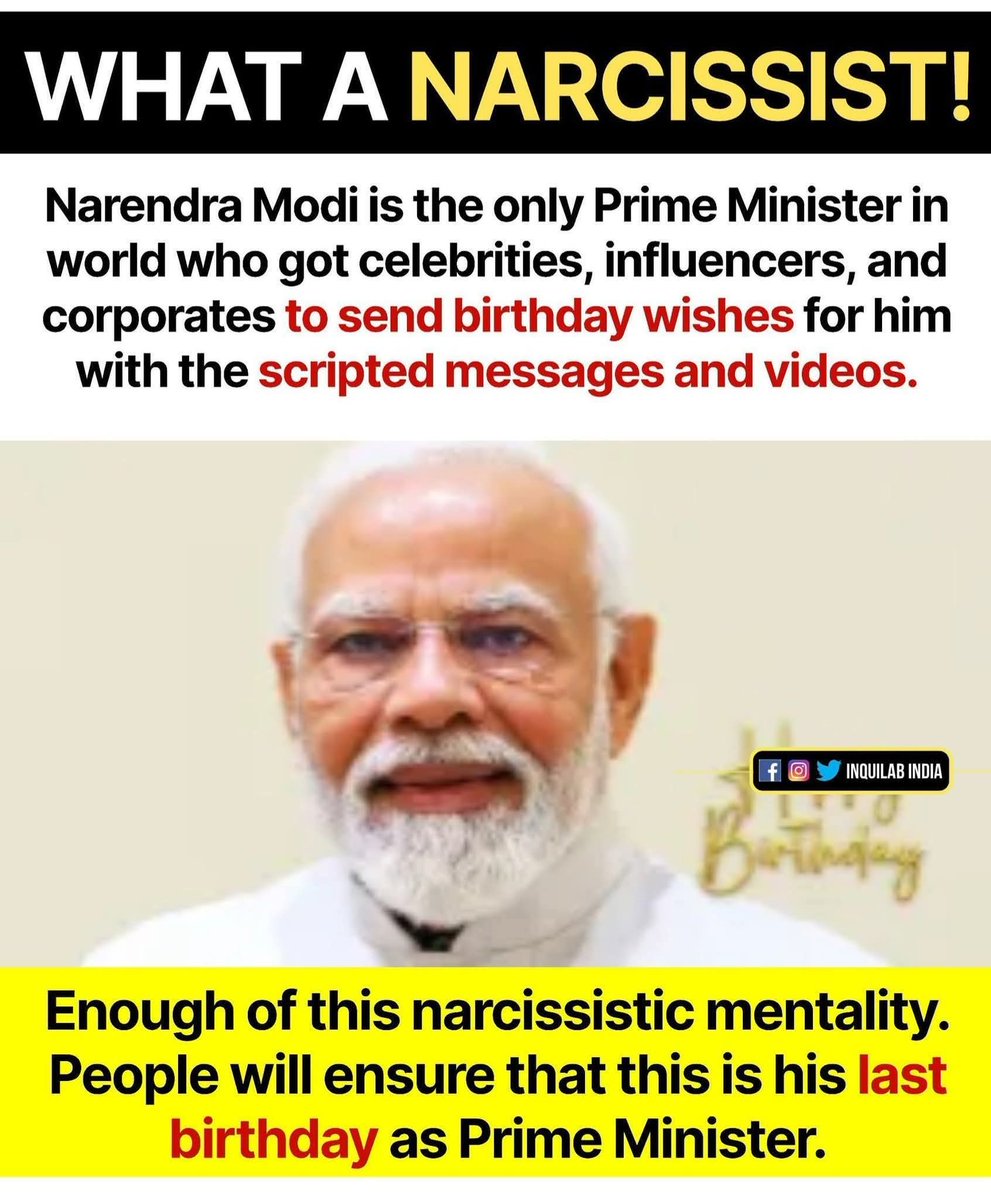 <a href="/fredhamilton/">Fred</a> <a href="/geetv79/">GeetV</a> <a href="/Kishore253964/">RG FAN ( @Kishore 253964)</a> <a href="/RanjitOne/">Ranjit Kumar</a> <a href="/Subytweets/">Suby #ReleaseSanjivBhatt #Palestine #VoteChori</a> <a href="/ranjona/">ranjona banerji 🇮🇳</a> <a href="/kkhushal9/">Col Dinesh Kumar(R)</a> <a href="/kukk44/">Kukki44 ( ‎انجنا ملھوترا )</a> <a href="/mangellife29/">SAVE INDIA🇮🇳🇮🇳🇮🇳</a> <a href="/INCAmitkumar/">Amit kumar</a> <a href="/Trendsetting123/">Darryl</a> <a href="/Vijjirosagmail1/">Vijjirosa</a> <a href="/shuchitasrivast/">SHUCHITA SRIVASTAVA</a> <a href="/WeThePeople3009/">Shenaz</a> <a href="/mrsinghCricUmp/">Cry,The Beloved Country... 😢</a> <a href="/BrijeshNagar16/">Brijesh.......✍️🕊️🕊️🕊️💘💘💘❣️</a> <a href="/RiaRevealed/">Ria</a> <a href="/LavanyaBallal/">Lavanya Ballal Jain official</a> <a href="/IncPantd69/">𝘿𝙞𝙣𝙚𝙨𝙝𝙋𝙖𝙣𝙩_𝙄𝙉𝘾</a> <a href="/LambaAlka/">Alka Lamba 🇮🇳</a> <a href="/SupriyaShrinate/">Supriya Shrinate</a> <a href="/PuneetVijh/">Puneet Vizh</a> <a href="/PayalMukhe5194/">Payal Mukherjee</a> <a href="/MinnaBal/">Minna Bal</a> <a href="/RahulGandhi/">Rahul Gandhi</a> <a href="/drshamamohd/">Dr. Shama Mohamed</a> <a href="/Stanalb/">Stanley INDIA</a> <a href="/Malz59408224/">Malz</a> <a href="/SunilNa86715990/">Mr.Sunil🎗️</a> <a href="/KSyedAhmed/">K Syed Ahmed</a> <a href="/ZBandadka/">𝙕𝙐𝘽𝘼𝙄𝙍 🇮🇳 𝘽𝘼𝙉𝘿𝘼𝘿𝙆𝘼</a> <a href="/AggaAlka/">AlkaSahu</a> <a href="/kachhawars/">Radhey Shyam Kachhawa 🇮🇳</a> <a href="/RebelEurasian/">SanjivPandit</a> <a href="/LOL_Subu/">QuickGunMurugan</a> Modi’s self-obsession hits new lows.Scripted birthday wishes from celebs and corporates,all for one man’s ego while real issues are ignored.India deserves leadership, not narcissistic pageantry.This sickening display must end &amp; people will hold him accountable.