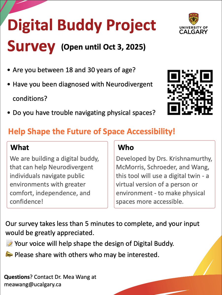 Are you between 18 and 30 years of age and have you been diagnosed with neurodivergent conditions? Your anonymous input in this 5-min survey will help shape the design of Digital Buddy. 

survey.ucalgary.ca/jfe/form/SV_0o…