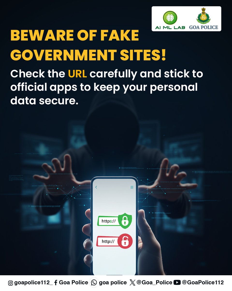 AIMLabGoaPolice's tweet image. #StayCyberSafe #BewareOfScams
#CheckTheURL #ThinkBeforeYouClick
#OnlineSafetyFirst #SecureYourData
#CyberSecurity @Goa_Police @Varsha270819 @DGP_Goa @SPCyberGoa @spnorthgoa