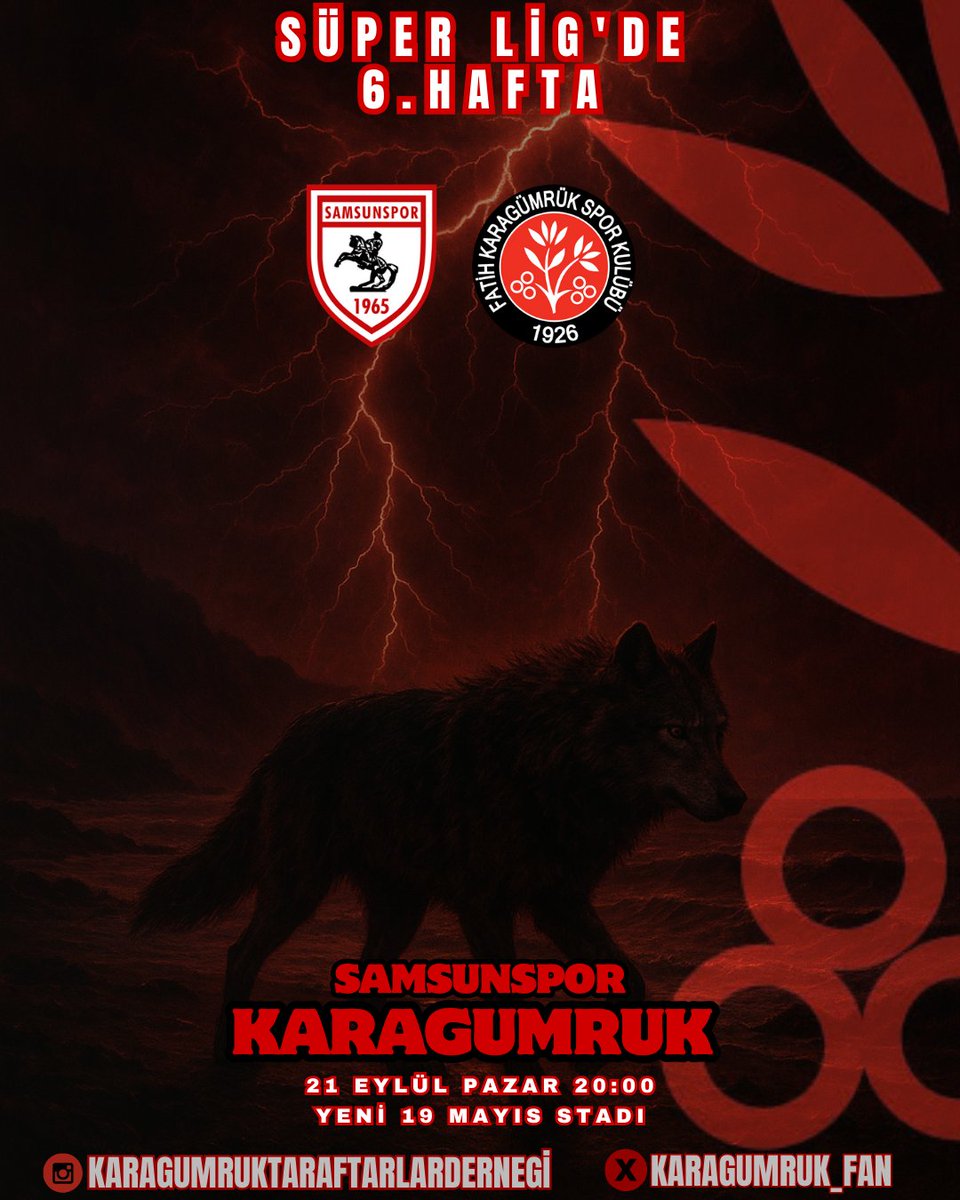 🏆 Süper Lig'de 6. Hafta
🆚 Samsunspor - Karagümrük 
🗓️ 21 Eylül Pazar 
🕤 20:00
🏟️ Samsun Yeni 19 Mayıs Stadı