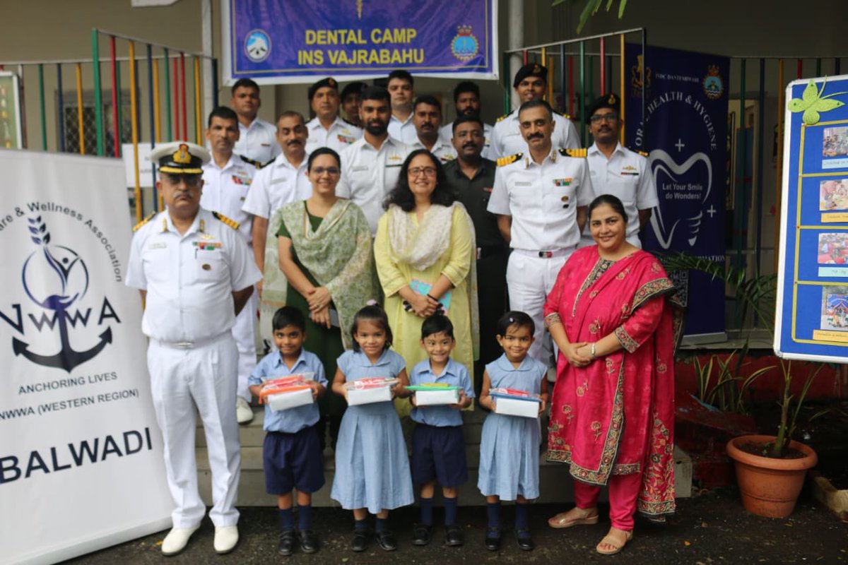 IN_ASVINI's tweet photo. A Dental Camp for school children at Balwadi School of Mumbai station was organised by @NWWA_INDIANNAVY (WR) in collaboration with #INDCDanteshwari and #COMCOS(W). The camp was inaugurated by Mrs Shalini Jaggi, Group Coordinator, Samudri. The team from INDC Danteshwari comprised of 02 Dental Officers including a Paediatric Dentist and Paradental staff. A health talk was delivered by the Paediatric and Preventive Dentist of #INDCDanteshwari to the parents of the school children. Multiple aspects of Dental hygiene for children were elaborated. A thorough dental examination of around 110 children was carried out. A paediatric oral hygiene booklet in Hindi, pamphlets on oral cancer prevention, and dental oral hygiene kits were also distributed to all the children.
@indiannavy
@IN_WNC