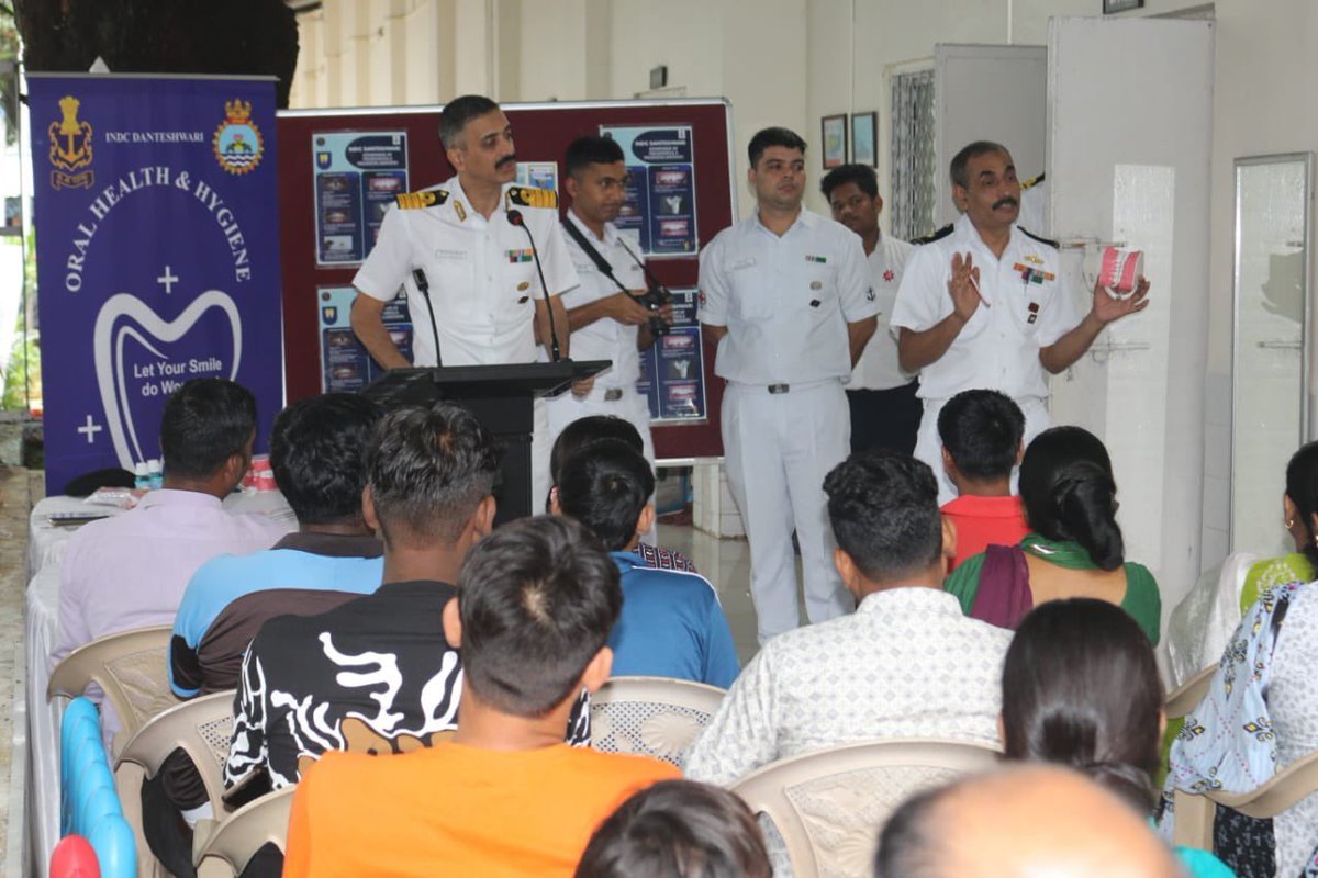IN_ASVINI's tweet photo. A Dental Camp for school children at Balwadi School of Mumbai station was organised by @NWWA_INDIANNAVY (WR) in collaboration with #INDCDanteshwari and #COMCOS(W). The camp was inaugurated by Mrs Shalini Jaggi, Group Coordinator, Samudri. The team from INDC Danteshwari comprised of 02 Dental Officers including a Paediatric Dentist and Paradental staff. A health talk was delivered by the Paediatric and Preventive Dentist of #INDCDanteshwari to the parents of the school children. Multiple aspects of Dental hygiene for children were elaborated. A thorough dental examination of around 110 children was carried out. A paediatric oral hygiene booklet in Hindi, pamphlets on oral cancer prevention, and dental oral hygiene kits were also distributed to all the children.
@indiannavy
@IN_WNC