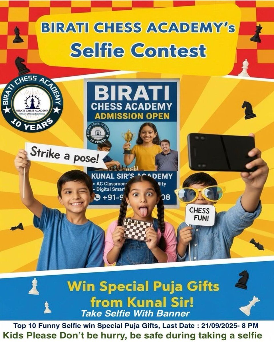 ChessBirati's tweet image. Kids  please don&apos;t be hurry, be safe during taking a selfie.

#BiratiChessAcademy #KunalSirChess #ChessClasses #AdmissionOpen

#ChessAcademyForKids #OnlineChessClasses #ChessCoaching #KolkataChess

#ChessTraining #LearnChess Birati Chess Academy admission

Kunal Sir chess classes