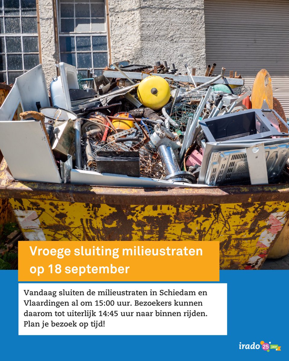 Let op: Milieustraat Schiedam en Vlaardingen sluit eerder vandaag (15:00 uur). Om op tijd te kunnen sluiten laten we tot 14:45 uur bezoekers bij de poort toe. 

#irado #schiedam #vlaardingen #milieustraat