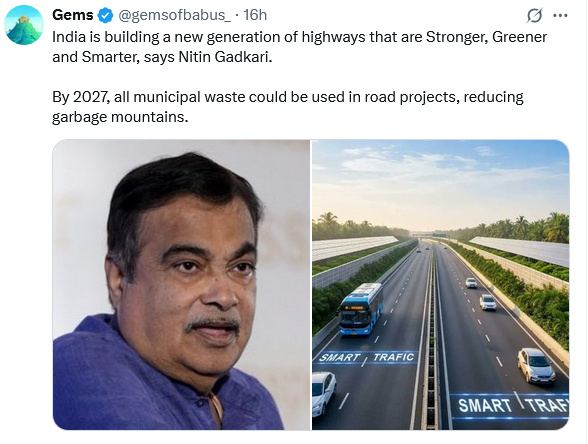 <a href="/fredhamilton/">Fred</a> <a href="/geetv79/">GeetV</a> <a href="/Kishore253964/">RG FAN ( @Kishore 253964)</a> <a href="/RanjitOne/">Ranjit Kumar</a> <a href="/Subytweets/">Suby #ReleaseSanjivBhatt #Palestine #VoteChori</a> <a href="/ranjona/">ranjona banerji 🇮🇳</a> <a href="/kkhushal9/">Col Dinesh Kumar(R)</a> <a href="/kukk44/">Kukki44 ( ‎انجنا ملھوترا )</a> <a href="/mangellife29/">SAVE INDIA🇮🇳🇮🇳🇮🇳</a> <a href="/INCAmitkumar/">Amit kumar</a> <a href="/Trendsetting123/">Darryl</a> <a href="/Vijjirosagmail1/">Vijjirosa</a> <a href="/shuchitasrivast/">SHUCHITA SRIVASTAVA</a> <a href="/WeThePeople3009/">Shenaz</a> <a href="/mrsinghCricUmp/">Cry,The Beloved Country... 😢</a> <a href="/BrijeshNagar16/">Brijesh.......✍️🕊️🕊️🕊️💘💘💘❣️</a> <a href="/RiaRevealed/">Ria</a> <a href="/LavanyaBallal/">Lavanya Ballal Jain official</a> <a href="/IncPantd69/">𝘿𝙞𝙣𝙚𝙨𝙝𝙋𝙖𝙣𝙩_𝙄𝙉𝘾</a> <a href="/LambaAlka/">Alka Lamba 🇮🇳</a> <a href="/SupriyaShrinate/">Supriya Shrinate</a> <a href="/PuneetVijh/">Puneet Vizh</a> <a href="/PayalMukhe5194/">Payal Mukherjee</a> <a href="/MinnaBal/">Minna Bal</a> <a href="/RahulGandhi/">Rahul Gandhi</a> <a href="/drshamamohd/">Dr. Shama Mohamed</a> <a href="/Stanalb/">Stanley INDIA</a> <a href="/Malz59408224/">Malz</a> <a href="/SunilNa86715990/">Mr.Sunil🎗️</a> <a href="/KSyedAhmed/">K Syed Ahmed</a> <a href="/ZBandadka/">𝙕𝙐𝘽𝘼𝙄𝙍 🇮🇳 𝘽𝘼𝙉𝘿𝘼𝘿𝙆𝘼</a> <a href="/AggaAlka/">AlkaSahu</a> <a href="/kachhawars/">Radhey Shyam Kachhawa 🇮🇳</a> <a href="/RebelEurasian/">SanjivPandit</a> <a href="/LOL_Subu/">QuickGunMurugan</a> Gadkari's Stronger, Greener, Smarter highways are a hollow PR stunt. By 2027,municipal waste in roads? Just another gimmick to mask BJP's infra scams. Garbage mountains won't vanish as only Gadkari's credibility will.Shoddy projects crumble but his boasts never stop.