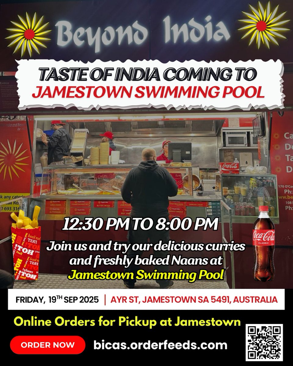 _BeyondIndia's tweet photo. 🚨 Jamestown – We’re Coming! 🚨
Beyond India is bringing the Taste of India to Jamestown Swimming Pool this Friday, 19th Sep 2025 
⏰ 12:30 PM – 8:00 PM
Order online for easy pickup: https://t.co/xbWa62s9h7 🚀
📍 Ayr St, Jamestown SA 5491, Australia https://t.co/AEktnAnBZH