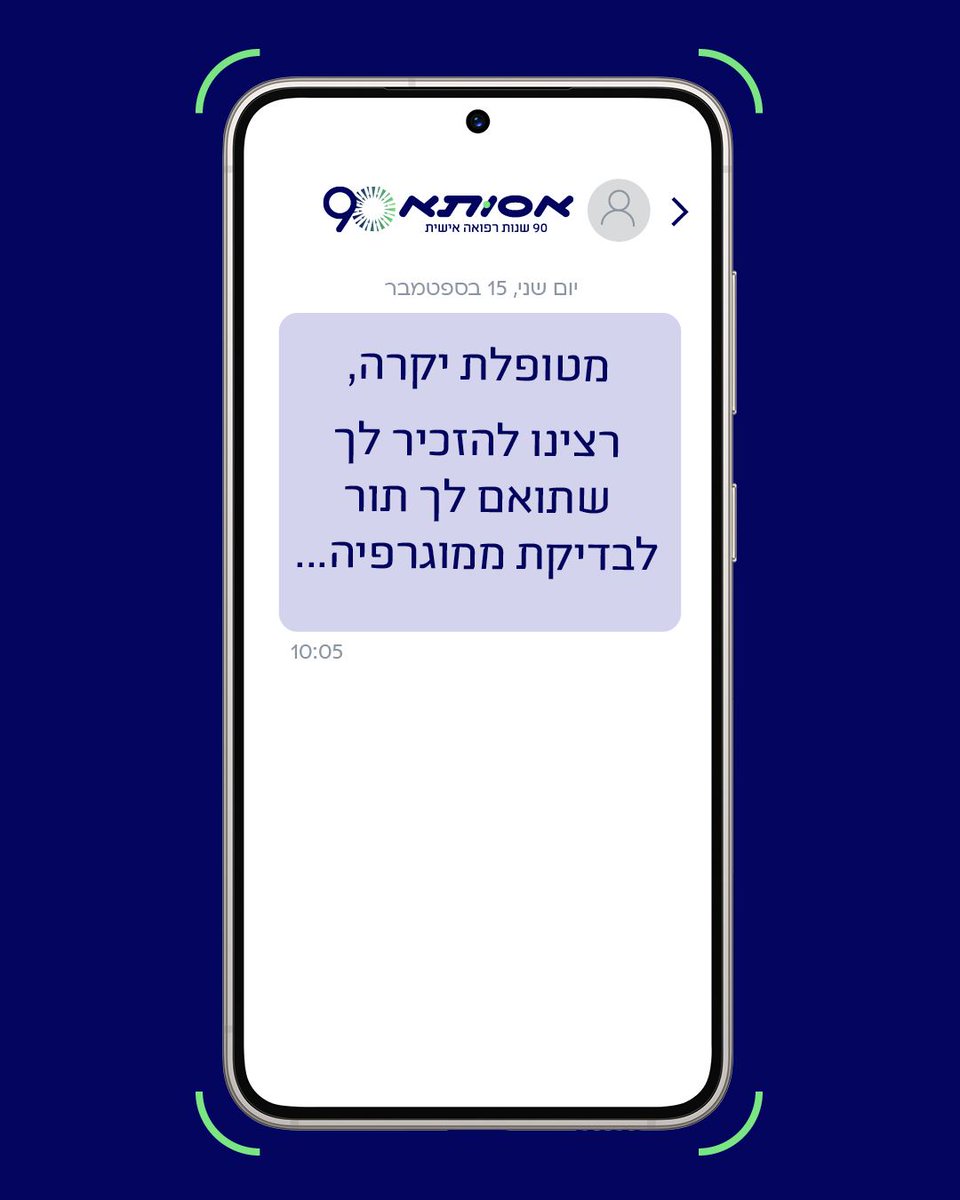 מחקר ענק של אסותא ואונ' בן-גוריון: ניסוח ה-SMS משנה התנהגות. כשבהודעת זימון התור לממוגרפיה הודגש שהיעדרות מונעת תור ממטופלת אחרת – שיעור אי-ההגעה ירד ב-11% והביטולים בזמן עלו ב-7%.