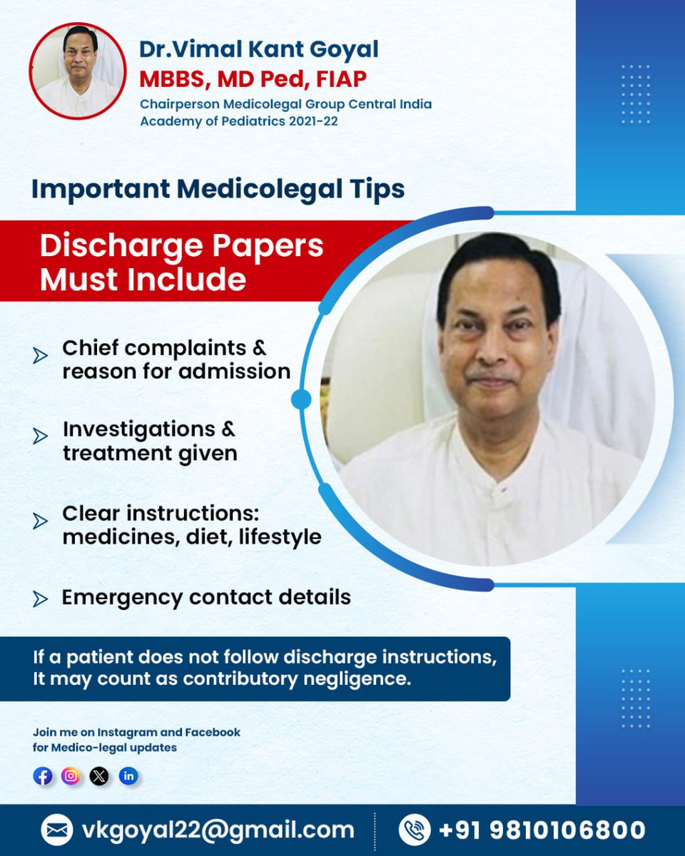 drvimalgoyal's tweet image. 📝 Medico Legal Tip

Discharge Summary = Patient Safety + Legal Shield

✅ Include complaints, treatment, hospital course, clear instructions &amp;amp; contacts.
⚠️ Missed instructions = contributory negligence.

#Medicolegal #DoctorAwareness #SafePractice #HospitalCare #DrVimalKantGoyal
