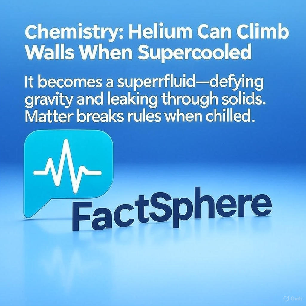FactSphereHQ's tweet photo. Chemistry: Helium Can Climb Walls When Supercooled  
It becomes a superfluid—defying gravity and leaking through solids.  
Matter breaks rules when chilled.  
#FactSphere #QuantumPhysics #HeliumFacts https://t.co/pwDYVTRoIV