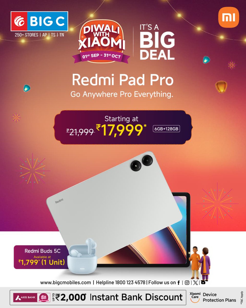 🎆✨ Celebrate Diwali with Xiaomi at Big C Mobiles! 
📱 Bring home Redmi Pads with festive savings &amp; exclusive gifts!
T&amp;C Apply
Shop Now: bigcmobiles.com
Call Us: 1800 1234578

#diwaliwithxiaomi #bigcmobiles #redmipad2 #redmipadpro #redmibuds5c #diwalioffers  #xiaomiindia
