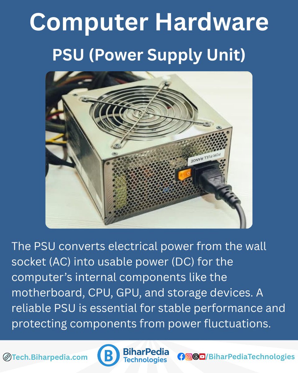 BiharPediaHub's tweet image. ✨ Laptop/Desktop Hardware Explained – PSU (Power Supply Unit):

🔋 PSU = The Heart of Power! It fuels your PC by delivering safe &amp;amp; stable electricity. Without it, nothing runs! 💡
#TechBasics #PSU #PowerSupply #ComputerHardware #BiharPediaTechnologies #BiharPedia #DigitalBihar