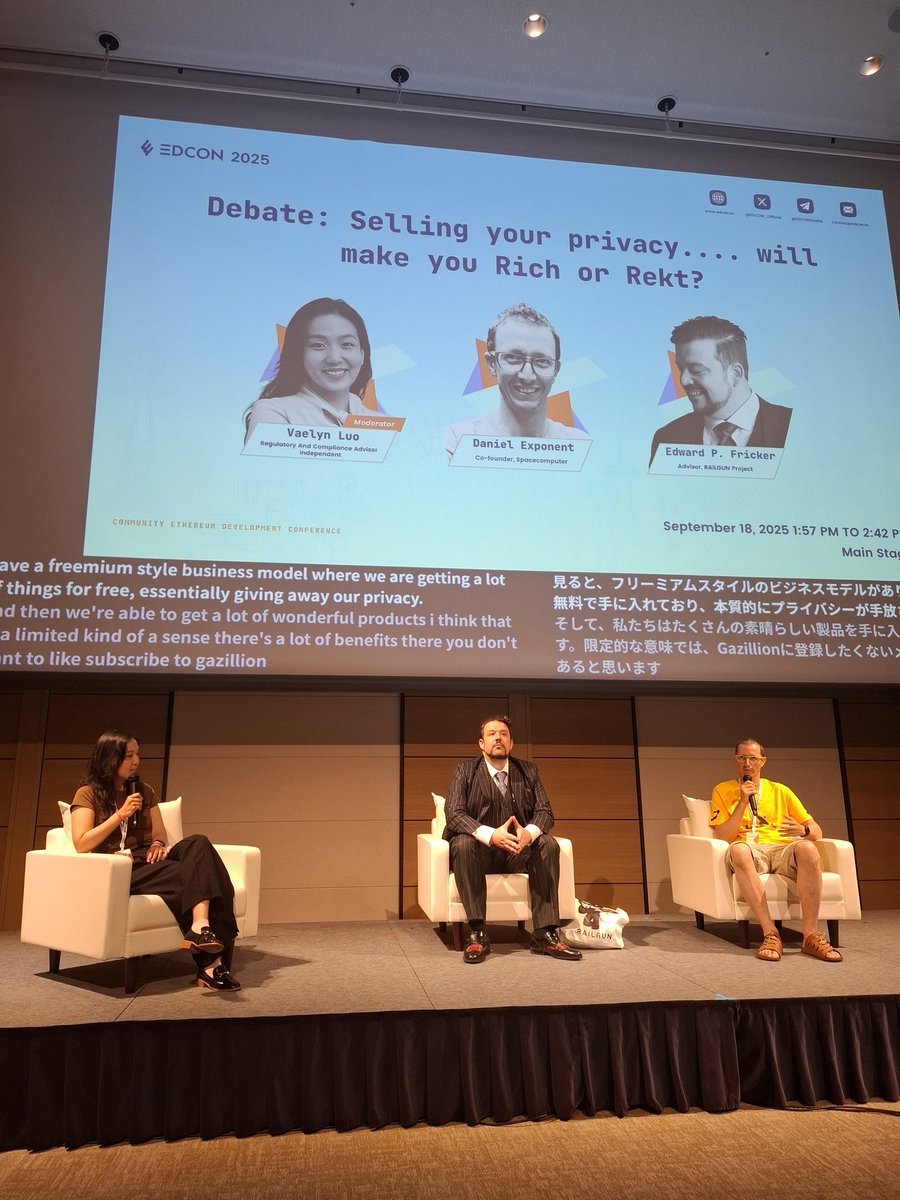 Spicy and a bit grim debate about the current state and the future of #privacy in crypto and beyond - main stage <a href="/EDCON_Official/">EDCON</a> 🤯

<a href="/Cyph3rVae/">Vaelyn</a> <a href="/semicondurian/">𝕤𝕡/𝕒𝕔𝕔 • exponent 👽🦇🔊</a> <a href="/itsthefuture/">Edward F.</a> <a href="/SpaceComputerIO/">SpaceComputer - 天机 | 𝕤𝕡/𝕒𝕔𝕔</a> <a href="/RAILGUN_Project/">RAILGUN - Private Ethereum DeFi</a> <a href="/eth_auckland/">ETH Auckland</a>