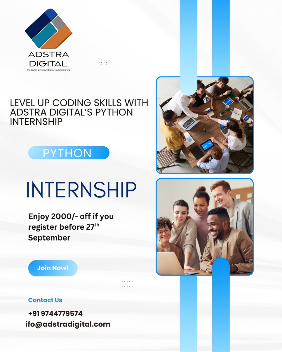 adstradigital's tweet image. Stop Thinking. Start Coding.
Our Python Internship is almost full!
Enjoy Rs. 2000 off if you register before 27th September.
Time is running out—secure your seat today !!
Contact: info@adstradigital.com
Apply: bit.ly/45NEbvJ
+91 9744779574
#pythoninternship #adstra