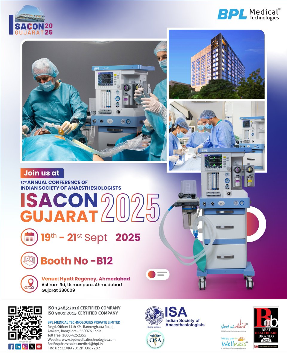 BPLMedTech's tweet image. Join us at the 57th Annual Conference of the Indian Society of Anaesthesiologists – #ISACONGujarat2025 in Ahmedabad. 

Visit Booth No. B12 to explore how we can support your practice. See you there! ✨

#Anaesthesia #MedicalTechnology #PatientCare #MedicalDevice #HealthcareEvents