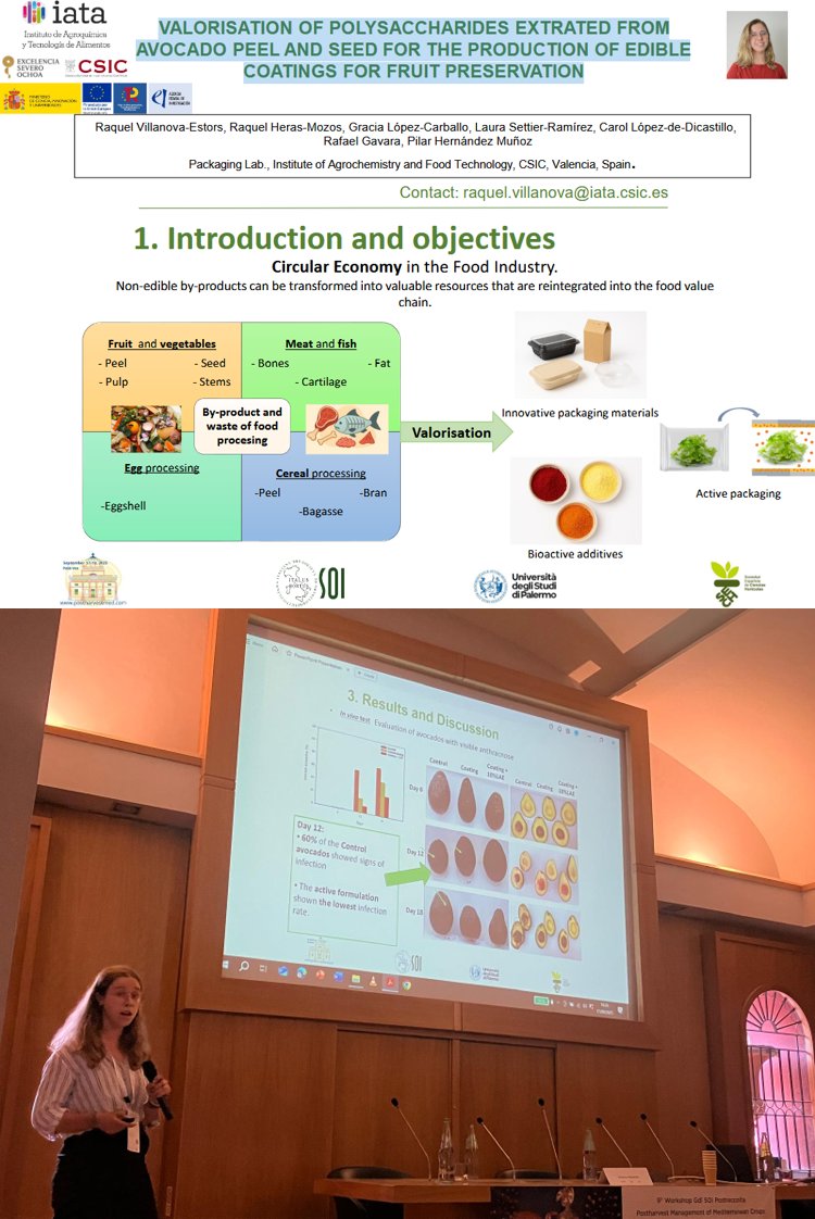 Raquel Villanova Estors presented at "Postharvest management of mediterranean crops" in Palermo, her work entitled "VALORISATION OF POLYSACCHARIDES EXTRATED FROM AVOCADO PEEL AND SEED FOR THE PRODUCTION OF EDIBLE COATINGS FOR FRUIT PRESERVATION", results from BACOMAVO project