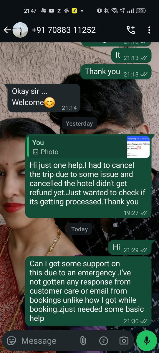 Karthik_0909's tweet photo. @FabHotels I have tried to contact your customer support for cancellation and I've been hung upon multiple times.I don't seem to get any response on the status.Dont know what else I can do.All I seek is the status of my refund.Tried all modes.mail whatsapp call 0 response. https://t.co/EVAWRC4tiM