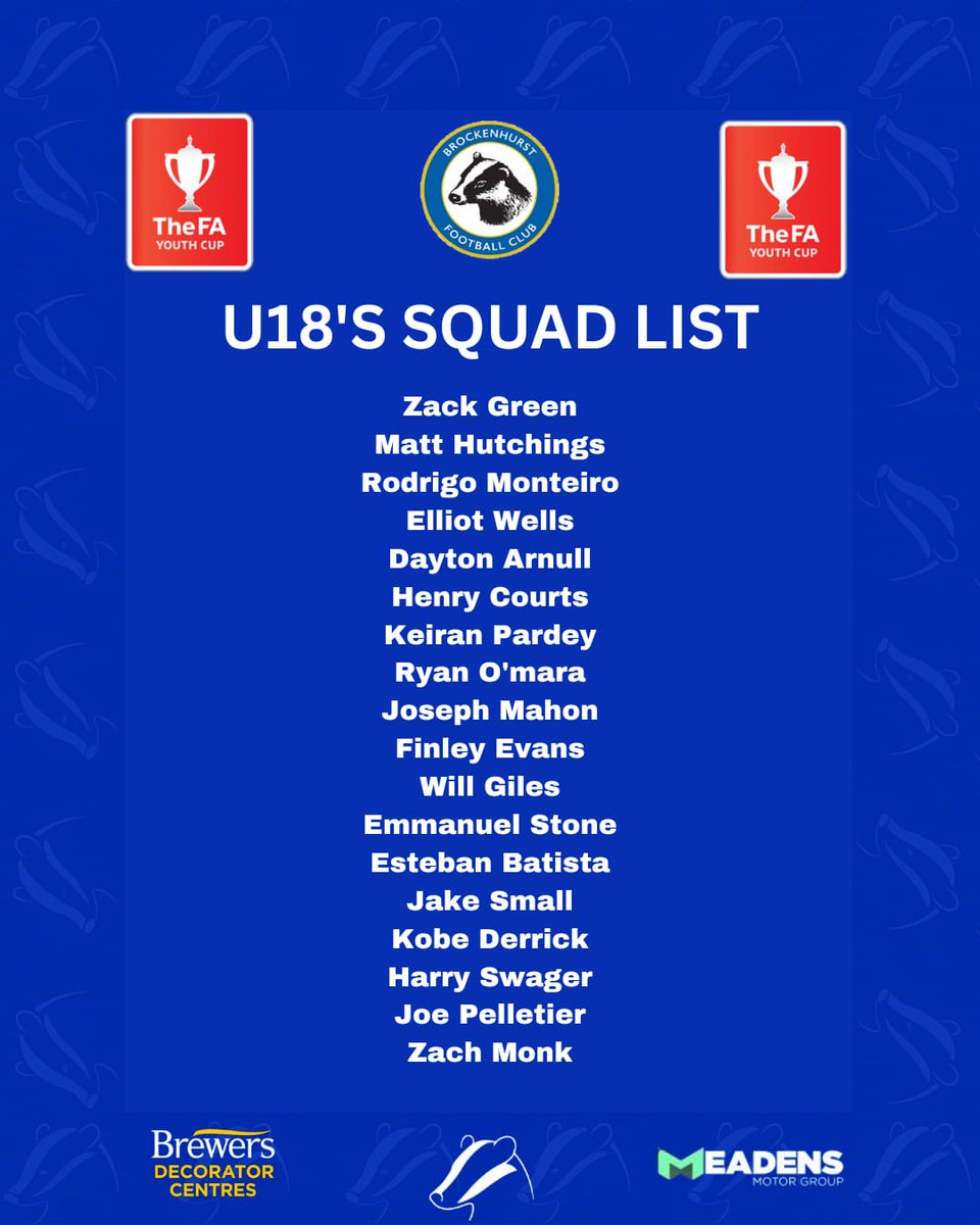 BADGERS U18 SQUAD

<a href="/Brock_FC/">Brockenhurst FC</a> U18 Squad for Tonight's FA Youth Cup Match

#upthebadgers