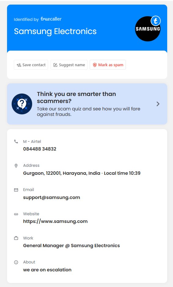 hkphulara's tweet image. @SamsungIndia
#CyberCrime ⚠️ New scam unlocked! Someone is flexing a fake Samsung Electronics tag on Truecaller 📷Updated profile, fancy email, big title… all FAKE 📷  #Truecaller #ScamBusted