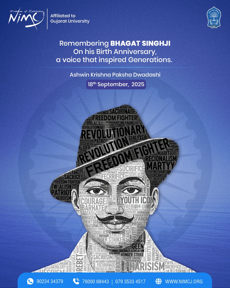 Honoring Bhagat Singh on his birth anniversary, a revolutionary voice that continues to ignite young minds.

#NIMCJ #BhagatSingh #BeTheVoice #Bhagatsinghjayanti #VoiceOfChange #RevolutionThroughIdeas #JournalismRevolution #MassCommunication #JournalismMatters #FutureJournalists