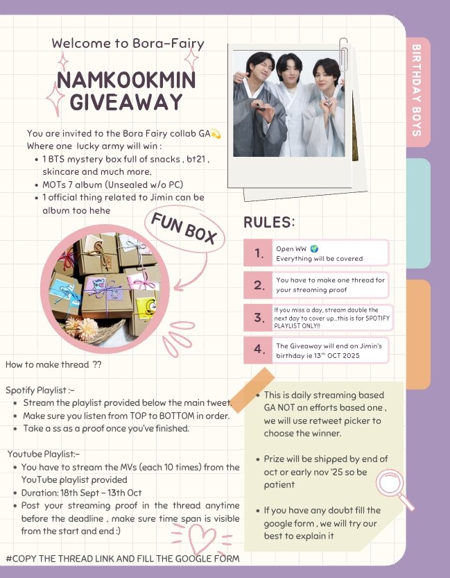 fairyyoon_'s tweet image. Bora-Fairy presents🎁🧚🏻‍♀️✨

Namkookmin birthday giveaway ෆ

1 winner — open WW 🌏

Prize : A box full of bts goodies , snacks , skincare and official album/stuffs 

•Follow me and @boranyeon 
•Read the poster below carefully 
•Make sure to fill the Google form