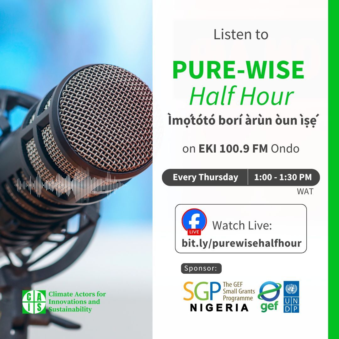 caisclimate's tweet photo. Tired of feeling helpless about climate change & waste?
Join our 24-part series on climate action & environmental responsibility on @EKIFM1009 every Thurs. at 1 PM & livestream at https://t.co/x9YkpWkxBk. Thanks to @GEF_SGP @sgpnigeria support.
#PureWiseOndo
#ReplacePlastics https://t.co/3Z3DyZcRww