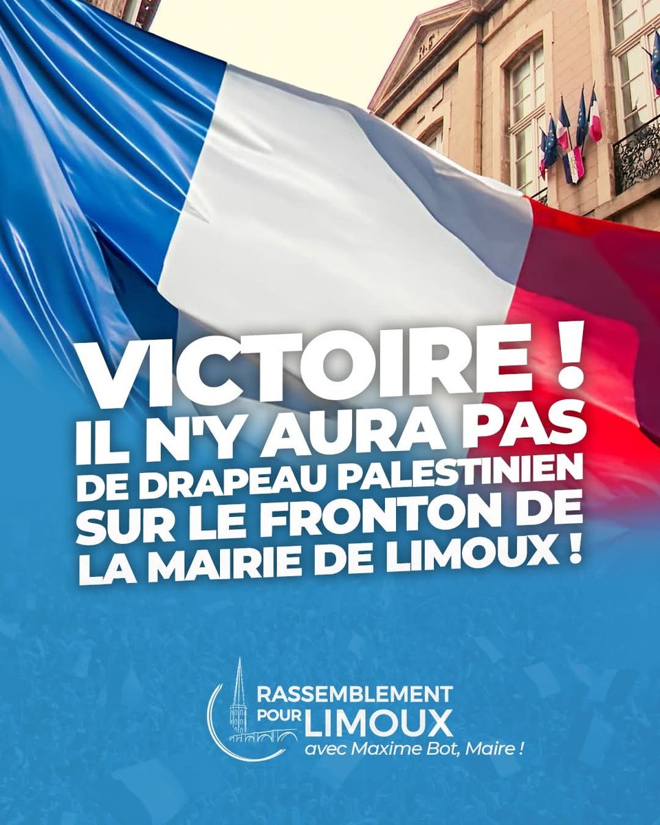 ✅️ 🇨🇵 VICTOIRE !
Il n’y aura pas de drapeau palestinien sur le fronton de la mairie de Limoux.

Bravo à tous pour votre très forte mobilisation, une nouvelle victoire du peuple ! 👏🏼🇨🇵🇨🇵🇨🇵

👉 Rejoignez-nous ▶️ forms.gle/HSUN4rf9mecqii…