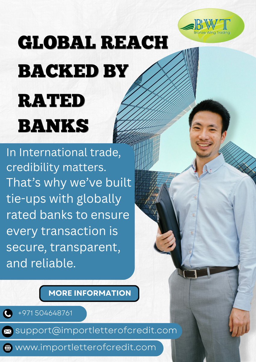 LettersofCredit's tweet photo. "Strong Partnerships with Rated Banks".

We have a tie-up with internationally rated banks. We can provide LC, SBLC, or BG from our own credit lines.

Contact us now:

Website: https://t.co/6sJywUVjVj
Email: support@importletterofcredit.com
Call/WhatsApp/Botim: +971 504648761 https://t.co/Glt2d85lqj