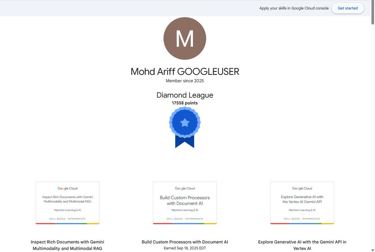 ariff_ibrahim's tweet image. 🌟 Just wrapped up my Google Cloud AI Study Jam Season 7: #GCPBoleh journey! 🌟

Hands-on labs ✅
Skill badges earned ✅
New AI &amp;amp; Cloud skills unlocked ✅
Excited to apply what I’ve learned and keep leveling up in the world of Cloud &amp;amp; AI. 💡☁️🤖
#GCPBoleh #GoogleCloud #AI