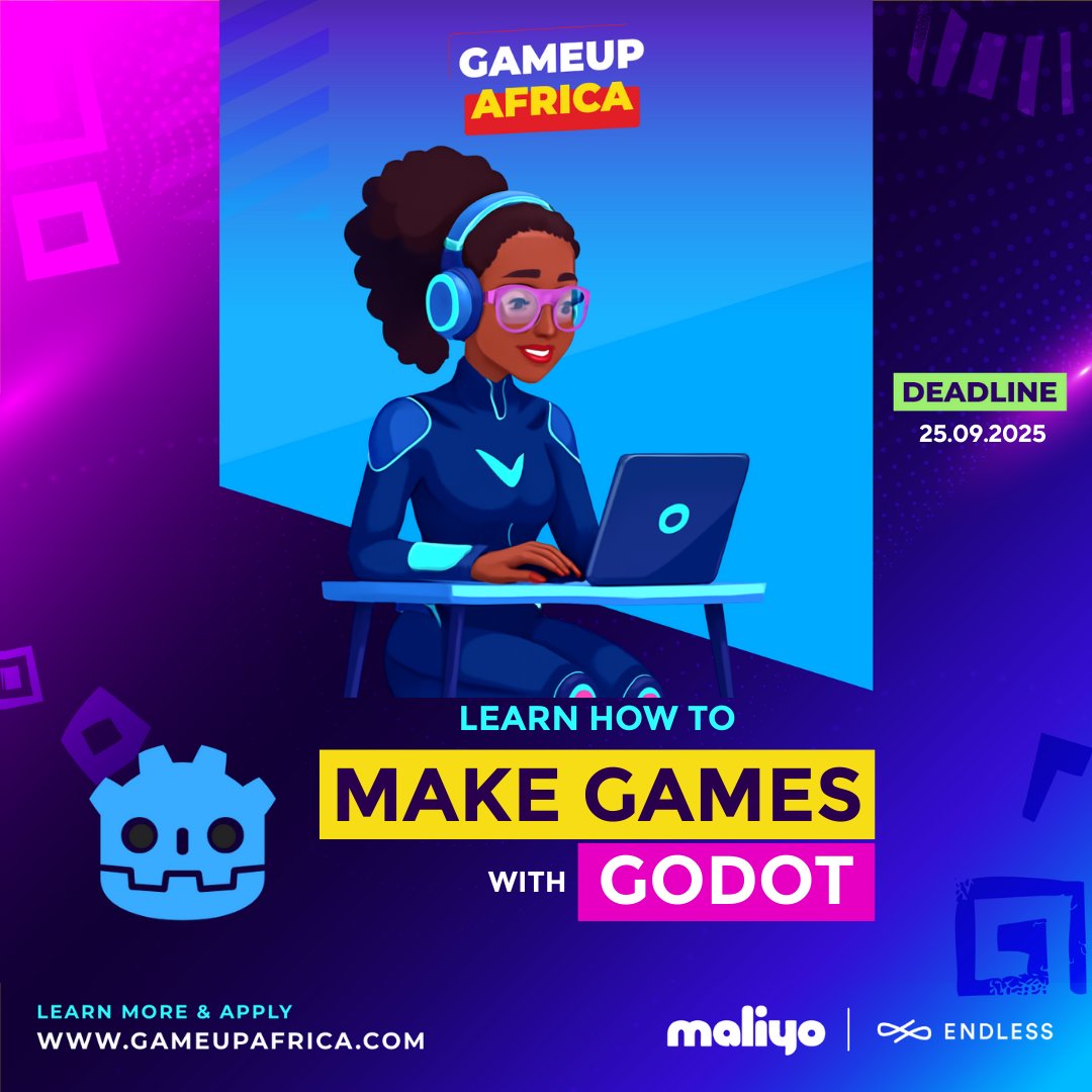 ✨ Want to learn Godot? You’re in luck! ✨

Applications for the GameUp Africa Godot programming track are still open! Deadline: Sept 25, 2025 🗓️

Don’t miss your chance to level up your game dev skills 🚀

Apply here 👉 [GameUpAfrica.com]