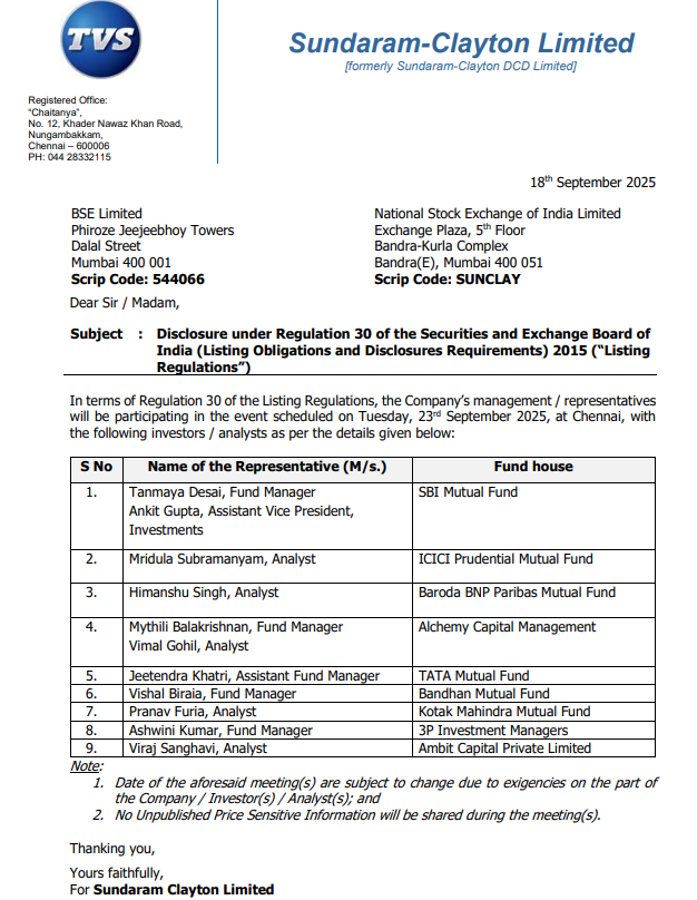 vluxeinvests's tweet photo. π€ Sundaram-Clayton to meet leading fund houses on Sept 23
ππ» Investor/analyst meet scheduled in #Chennai
ππ» Participants include: SBI MF, ICICI Pru MF, Baroda BNP Paribas MF, Alchemy Capital, Tata MF, Bandhan MF, Kotak MF, 3P Investment & Ambit Capital
#SunClay #SundaramClayton #InvestorRelations #MutualFunds #AnalystMeet