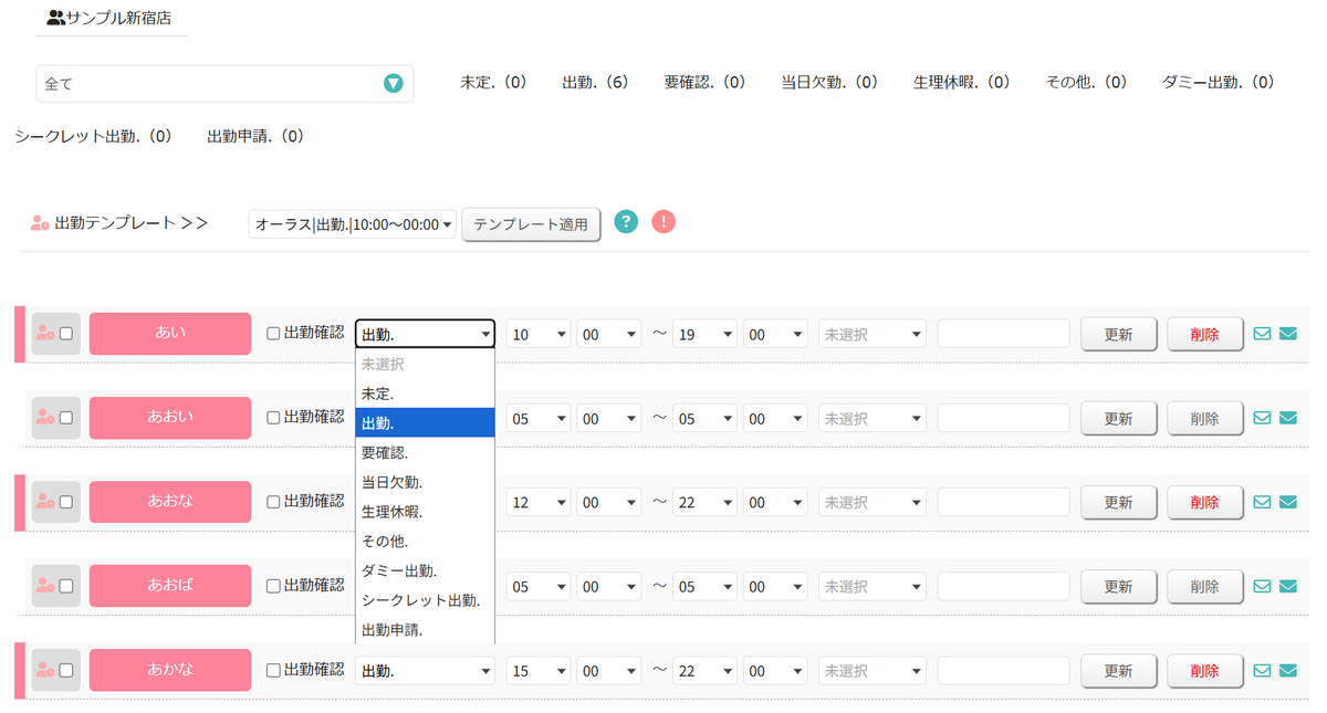 CS3ALiCE's tweet image. 【デリヘル風俗管理システム開発ブログ】

Ver7.439アップデート

出勤ステータスの表示が変更できるようになりました。
例えば）
当日欠勤　→　欠勤
※当日じゃない欠勤の場合

細かい変更点ですが、指摘があり対応しました。
当日以外は、欠勤ではなく、出勤を削除する方法もあります。…