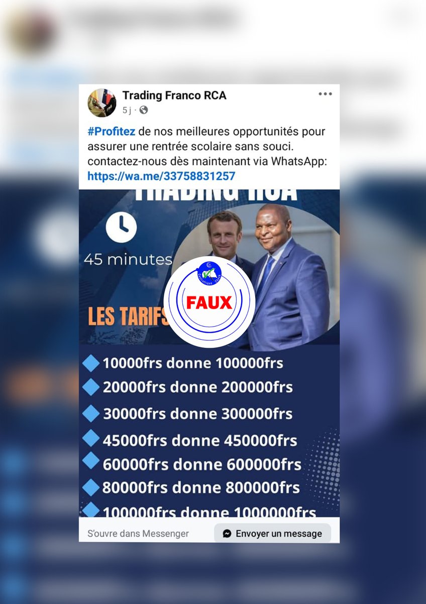 [Attention arnaque] 
🔷La page Facebook « Trading franco Afrique » prétend proposer des placements financiers pour soutenir la rentrée scolaire. Il s’agit d’une escroquerie particulièrement dangereuse. 
Lire l’intégralité de l'article ici ⤵️
centrafriquecheck.org/mefiez-vous-de…
