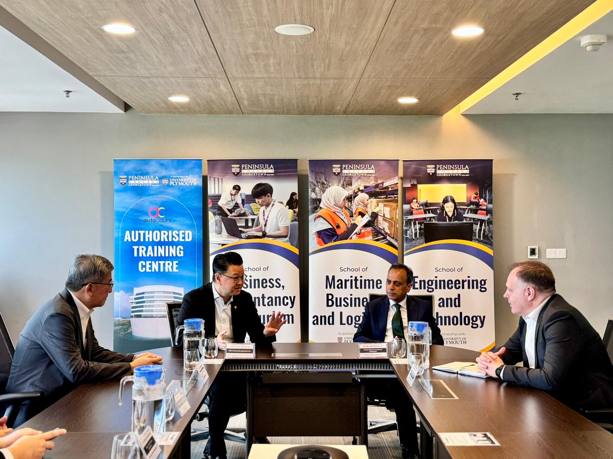 UKinMalaysia's tweet photo. #Education continues to be a cornerstone of the #UK–#Malaysia partnership.

While in #Penang, HC @AjaySharmaFCO visited Peninsula College at The Ship Campus, where discussions focused on strengthening #TVET and celebrating the successful collaboration with the @PlymUni. https://t.co/HJvSaprUAa