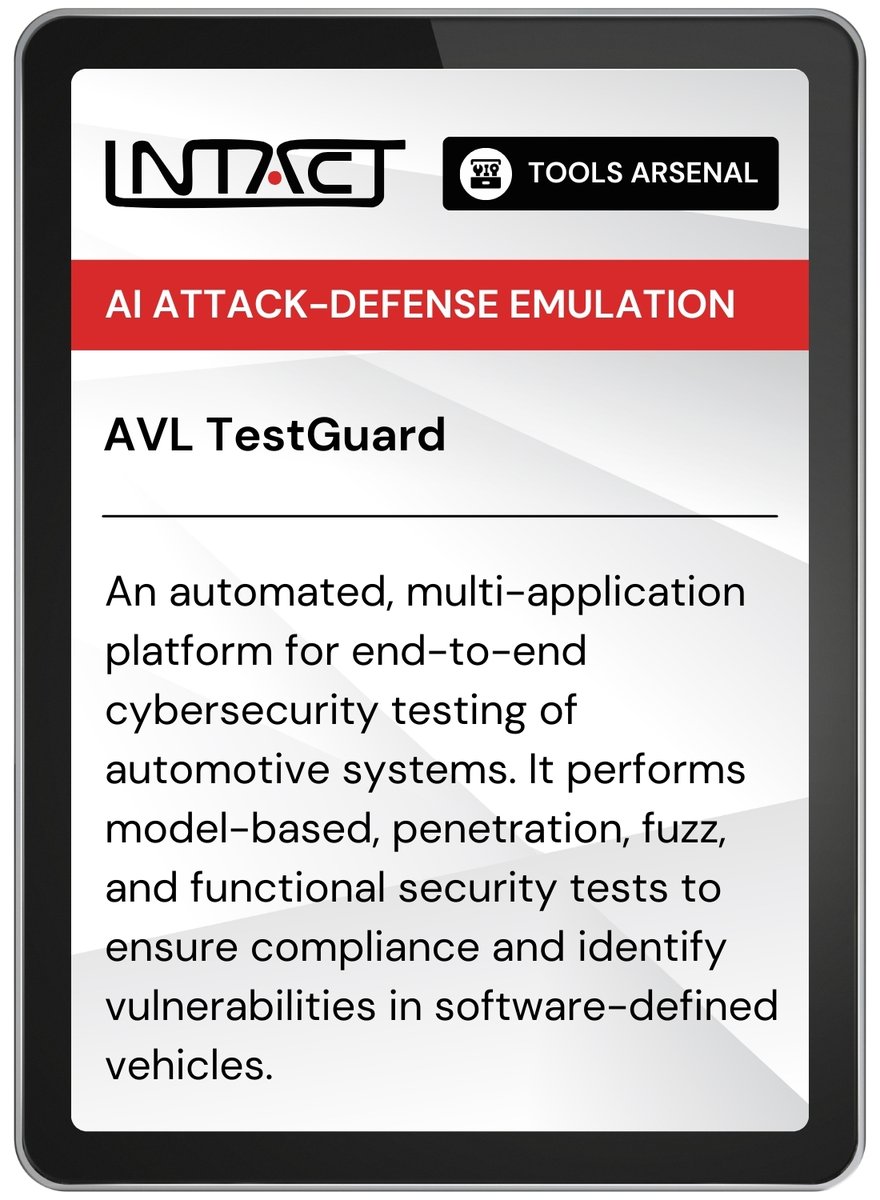 Project_INTACT's tweet image. 🧰 INTACT Tools Arsenal: AVL TestGuard

TestGuard helps secure the next generation of vehicles. It performs model-based, penetration &amp;amp; fuzz tests to find vulnerabilities and strengthen #cyberdefenses.  

🔖experience.avl.com/en-US/products… 

💻intact-horizon.eu/about/ 

#HorizonEurope #SDV